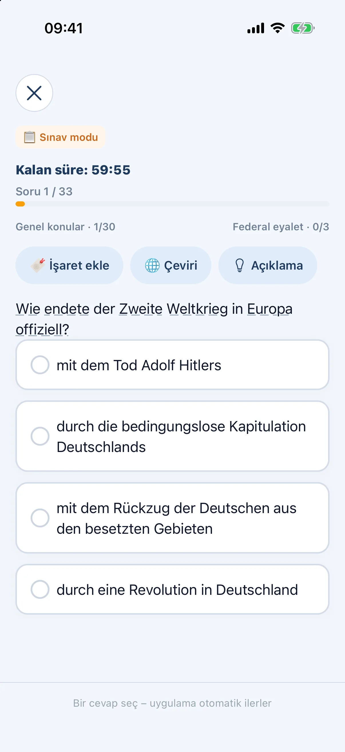 Road to Germany – Sınav simülasyonu