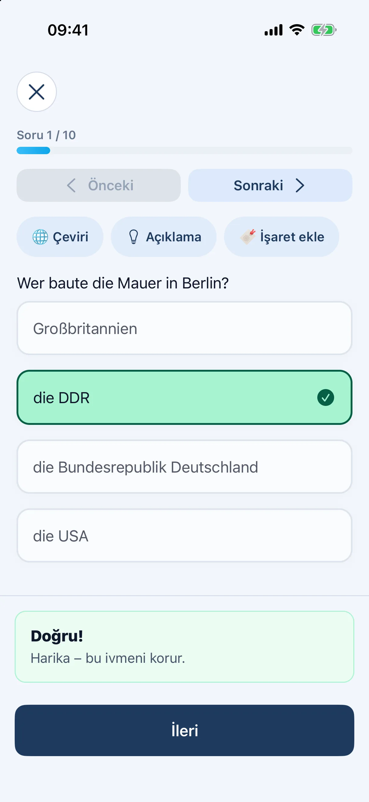 Road to Germany – Cevap seçenekleri